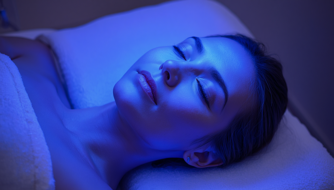 Femme allongée avec lumière LED bleue illuminant son visage — thérapie LED visage bienfaits et résultats