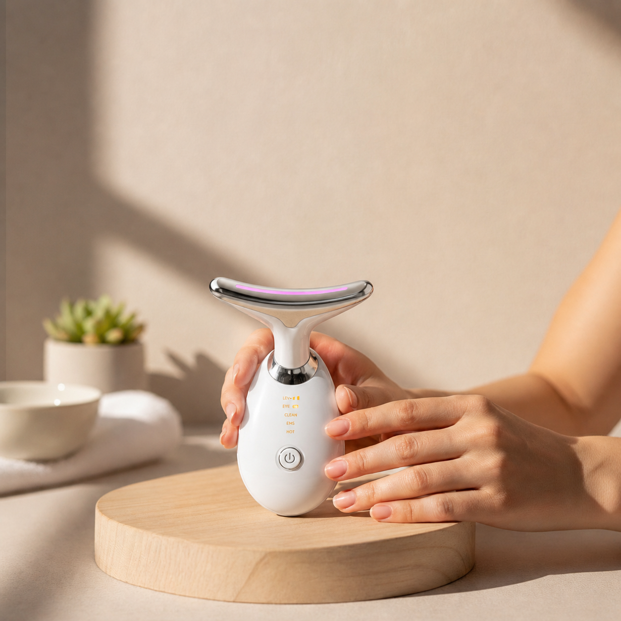 Appareil Brio tenu dans les mains — masseur visage LED et EMS Hielo