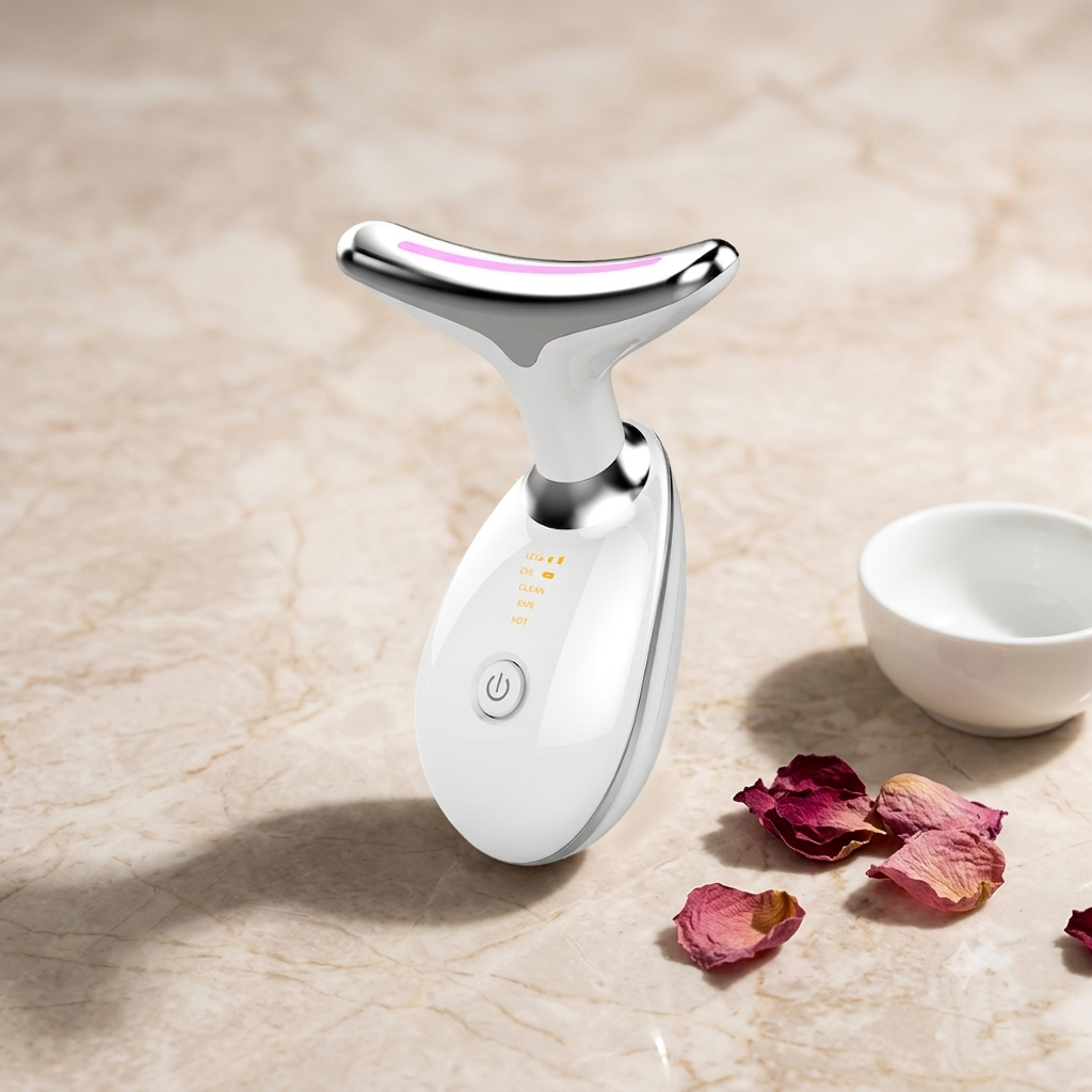 Masseur Brio Hielo version blanche argentée avec LED rose et pétales de roses — soin visage LED et EMS