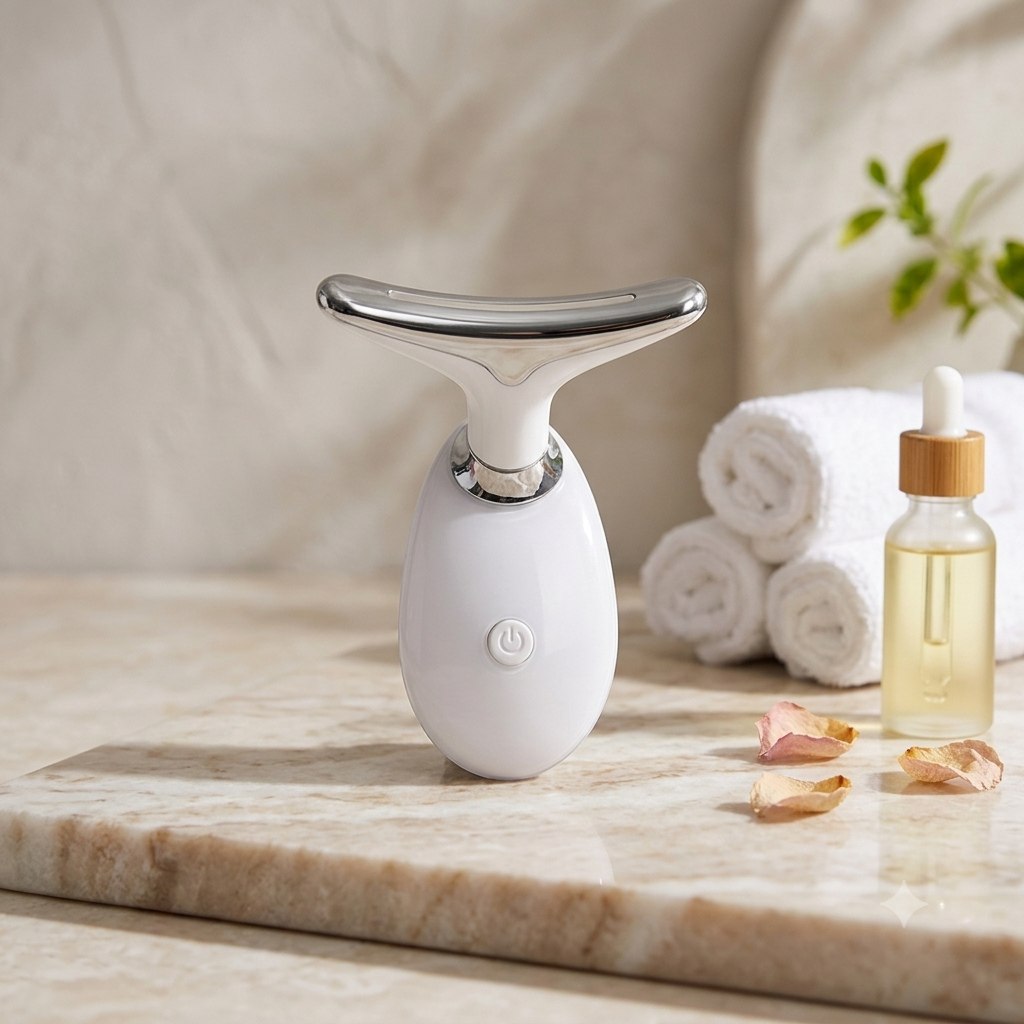Masseur Brio Hielo posé sur marbre avec huile et serviettes — soin visage LED et EMS