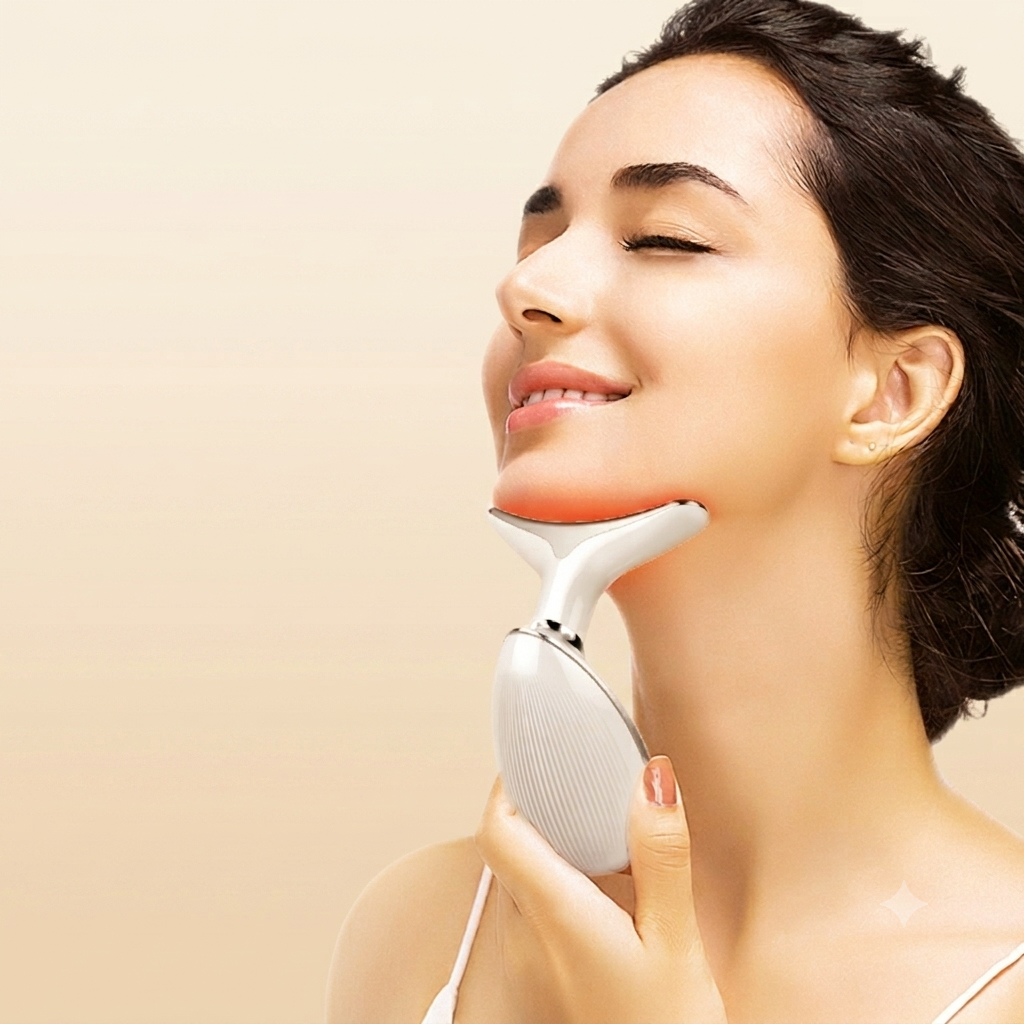 Femme utilisant le masseur Brio Hielo sur le cou avec LED rouge allumée — soin raffermissement anti-âge